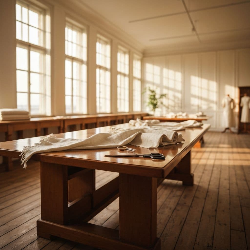 Artisan workshop with luxurious fabrics and natural light