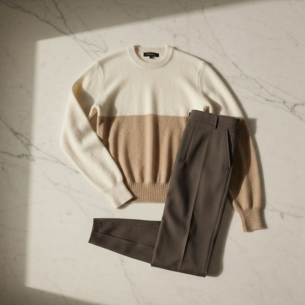Cashmere sweater and tailored trousers on marble surface