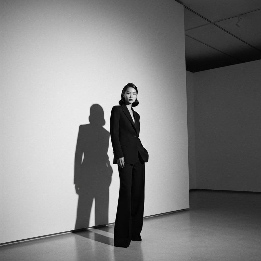 Model in structured black blazer in modern gallery
