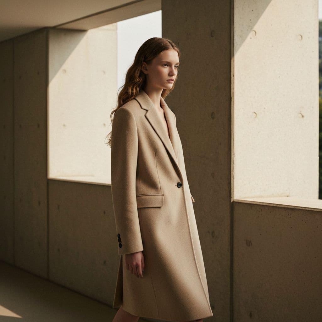 Model wearing a tailored overcoat in an architectural space