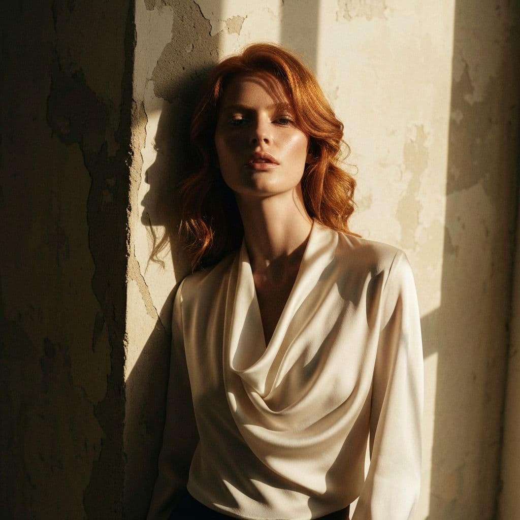 Model in draped silk blouse against plaster wall