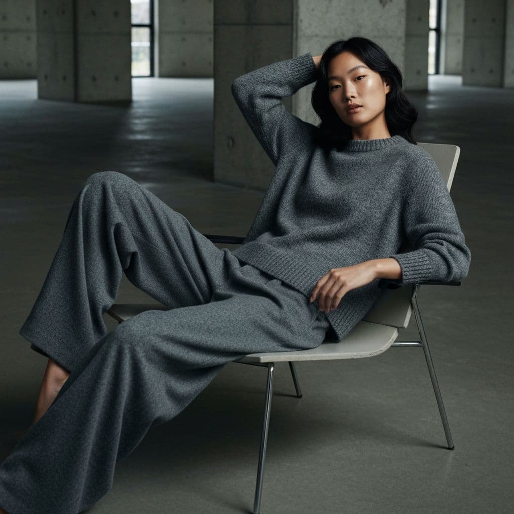 Model in charcoal knit sweater on modernist chair