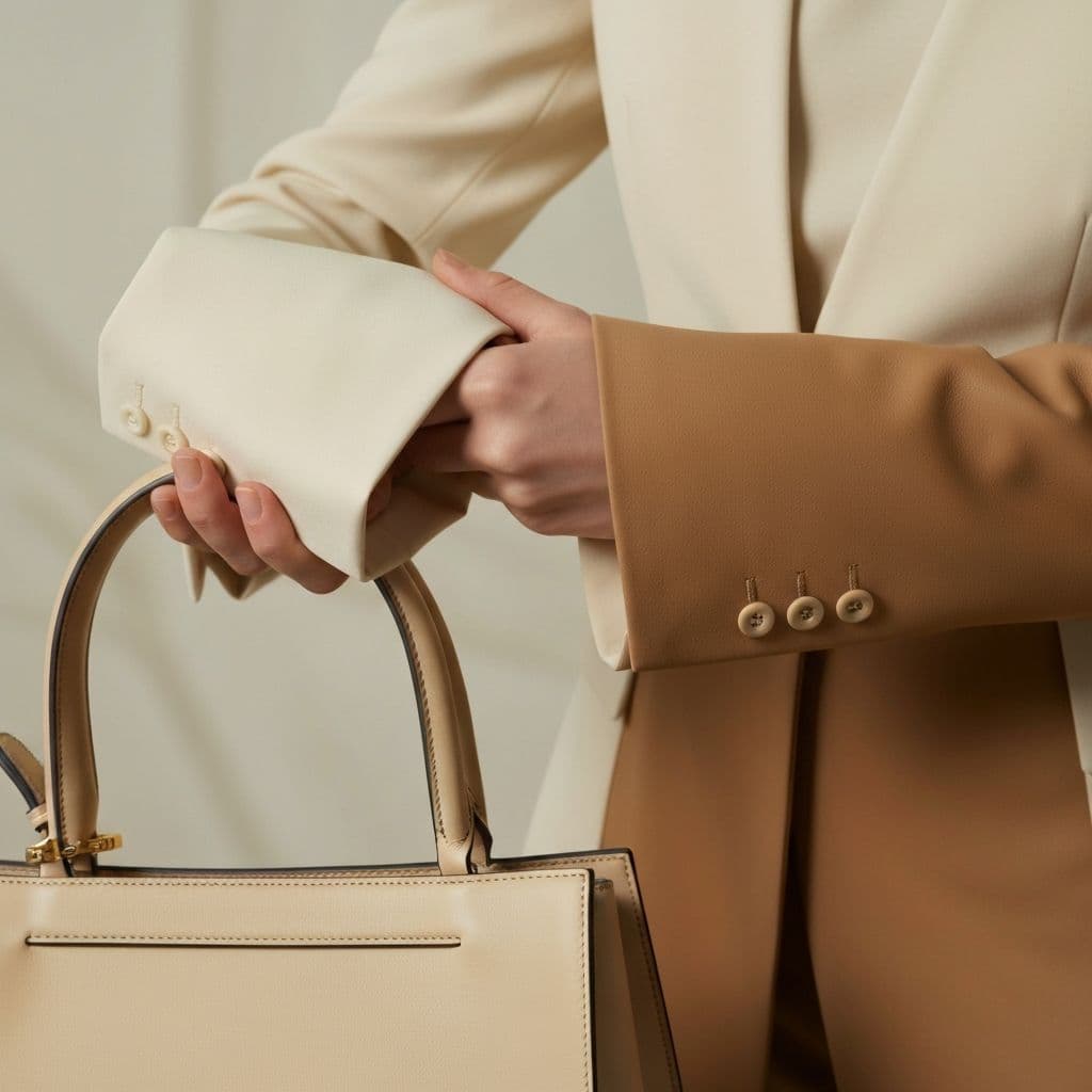 Close-up of leather bag and tailored sleeve